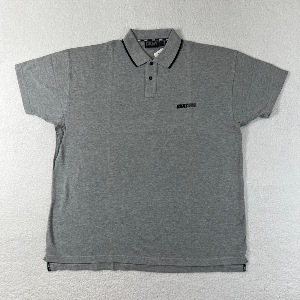 DKNY Polo Shirt Men's L Grey Short Sleeve Tipped Collar Logo USA VTG NWT
